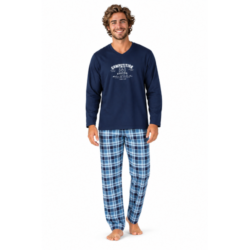 Comtessa Heren Pyjama – 100% Katoen – Donkerblauw met geruite broek Comtessa Heren Pyjama – 100% Katoen – Donkerblauw met geruite broek