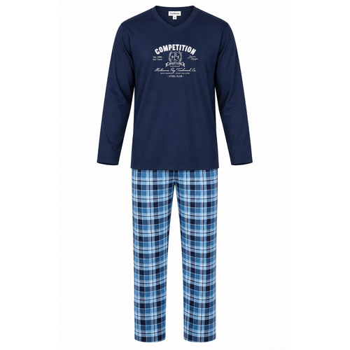 Comtessa Heren Pyjama – 100% Katoen – Donkerblauw met geruite broek Comtessa Heren Pyjama – 100% Katoen – Donkerblauw met geruite broek