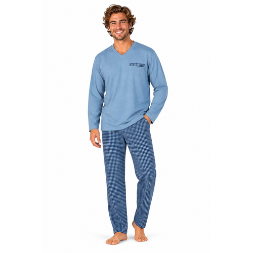 Comte Heren Pyjama – 100% Katoen – Lange Mouw – Blauw – V-Hals Comte Heren Pyjama – 100% Katoen – Lange Mouw – Blauw – V-Hals