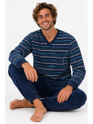 Outfitter Badstof heren pyjama - blauw gestreept Outfitter Badstof heren pyjama - blauw gestreept