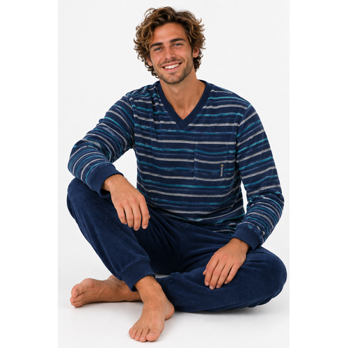 Outfitter Badstof heren pyjama - blauw gestreept