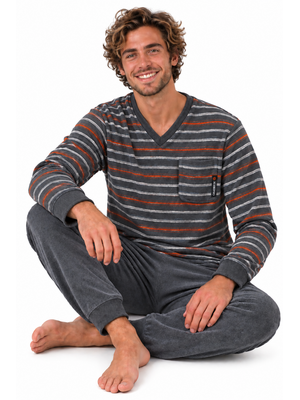 Outfitter Badstof heren pyjama - grijs gestreept Outfitter Badstof heren pyjama - grijs gestreept
