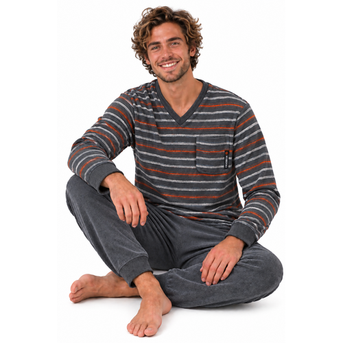 Outfitter Badstof heren pyjama - grijs gestreept