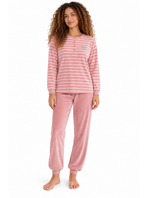 Cocodream Dames pyjama velours - winter - roze gestreept Cocodream Dames pyjama velours - winter - roze gestreept