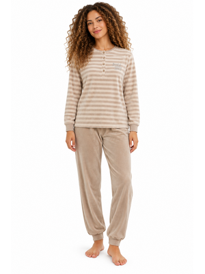 Cocodream Dames pyjama velours - winter - beige gestreept Cocodream Dames pyjama velours - winter - beige gestreept