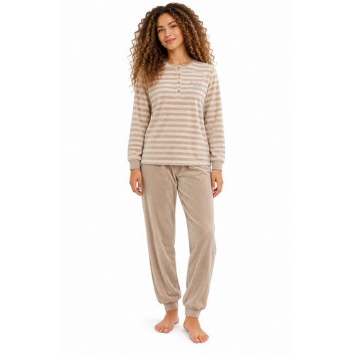 Cocodream Dames pyjama velours - winter - beige gestreept