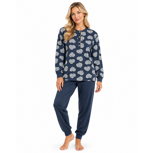 Lunatex Dames pyjama interlock - extra warm - donkerblauw