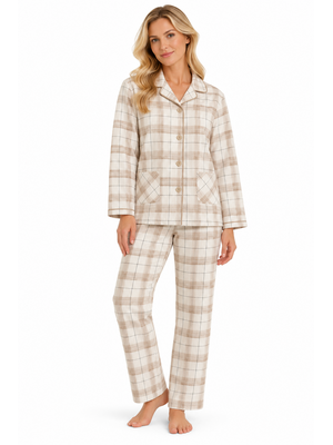 Cocodream Dames pyjama flanel - doorknoop - taupe geruit Cocodream Dames pyjama flanel - doorknoop - taupe geruit