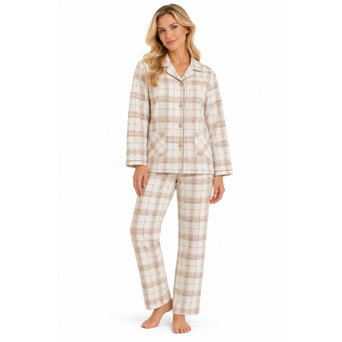Cocodream Dames pyjama flanel - doorknoop - taupe geruit Cocodream Dames pyjama flanel - doorknoop - taupe geruit