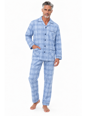 Outfitter Heren pyjama flanel - doorknoop - lichtblauw geruit Outfitter Heren pyjama flanel - doorknoop - lichtblauw geruit