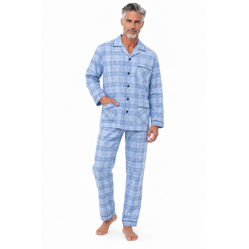 Outfitter Heren pyjama flanel - doorknoop - lichtblauw geruit Outfitter Heren pyjama flanel - doorknoop - lichtblauw geruit