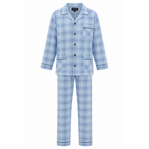 Outfitter Heren pyjama flanel - doorknoop - lichtblauw geruit Outfitter Heren pyjama flanel - doorknoop - lichtblauw geruit