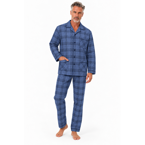 Outfitter Heren pyjama flanel - doorknoop - blauw geruit Outfitter Heren pyjama flanel - doorknoop - blauw geruit