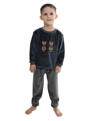 Outfitter Jongens pyjama velours - tijgergezichtjes - grijsgroen Outfitter Jongens pyjama velours - tijgergezichtjes - grijsgroen