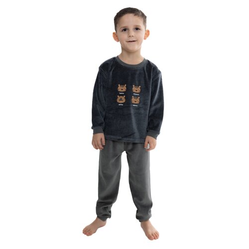 Outfitter Jongens pyjama velours - tijgergezichtjes - grijsgroen Outfitter Jongens pyjama velours - tijgergezichtjes - grijsgroen