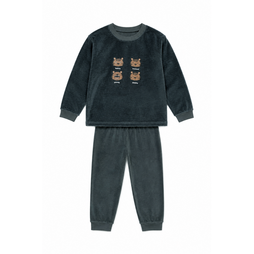 Outfitter Jongens pyjama velours - tijgergezichtjes - grijsgroen Outfitter Jongens pyjama velours - tijgergezichtjes - grijsgroen