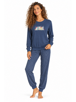 Comtessa Dames pyjama katoen - donkerblauw - huisjes Comtessa Dames pyjama katoen - donkerblauw - huisjes