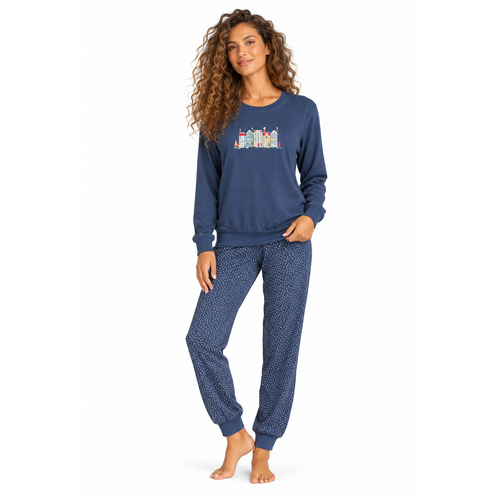 Comtessa Dames pyjama katoen - donkerblauw - huisjes Comtessa Dames pyjama katoen - donkerblauw - huisjes