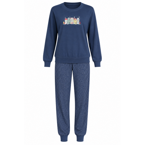 Comtessa Dames pyjama katoen - donkerblauw - huisjes Comtessa Dames pyjama katoen - donkerblauw - huisjes