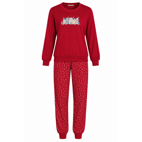 Comtessa Dames pyjama katoen - rood - huisjes Comtessa Dames pyjama katoen - rood - huisjes