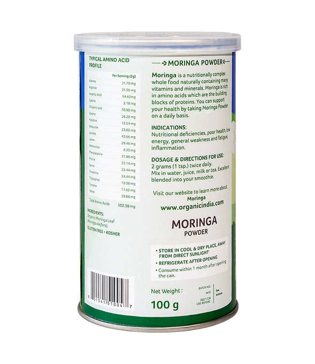 Organic India Moringa powder 100g can, biologisch