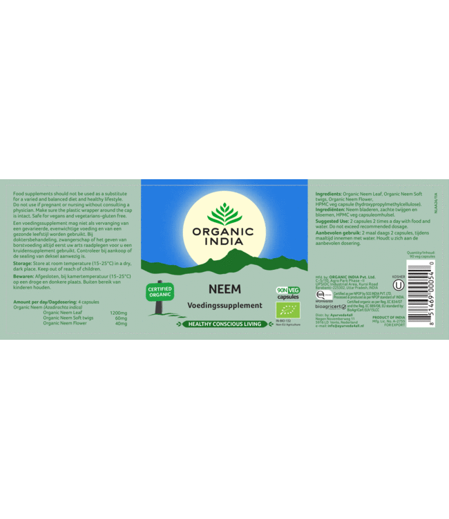 Organic India Neem supplement, 90 vegan capsules, biologisch