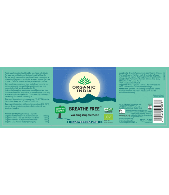 Organic India Breathe Free supplement, 90 vegan capsules, biologisch