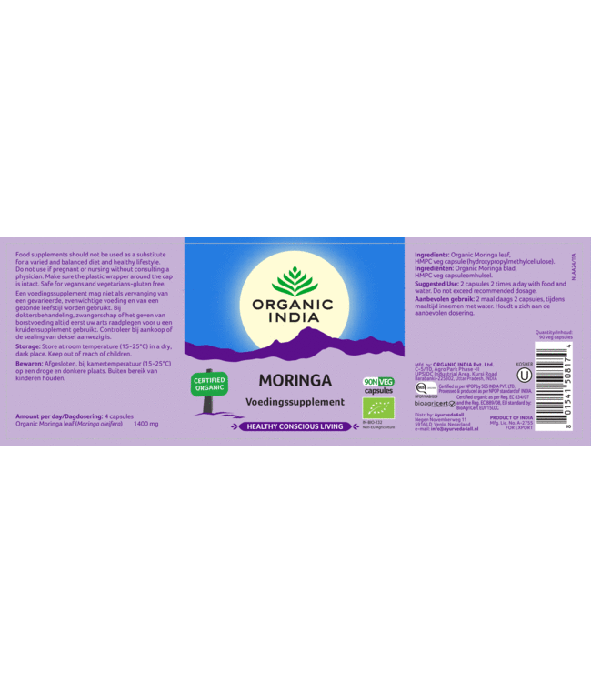Organic India Moringa supplement, 90 vegan capsules, biologisch