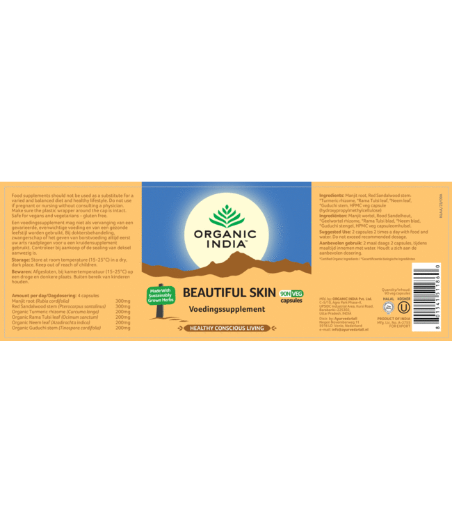 Organic India Beautiful Skin supplement 90 vegan capsules, 100% ayurvedisch