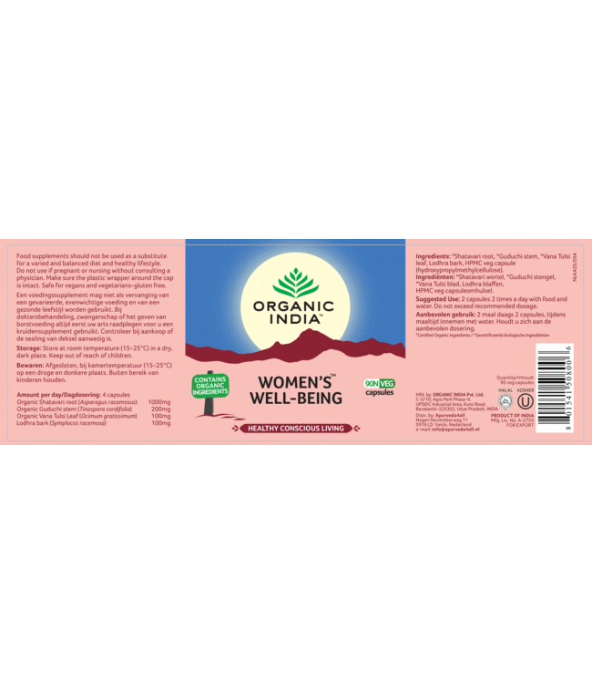 Organic India Women's Well-Being, supplement,  biologisch, 90 vegan capsules Shatavari, Guduchi, Vana Tulsi en Lodhra