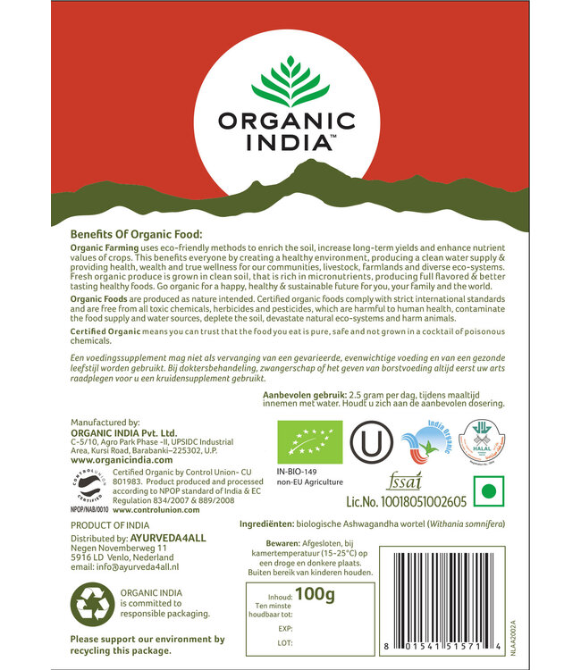 Organic India THT 7-3-2026 - Ashwagandha poeder 100g, biologisch