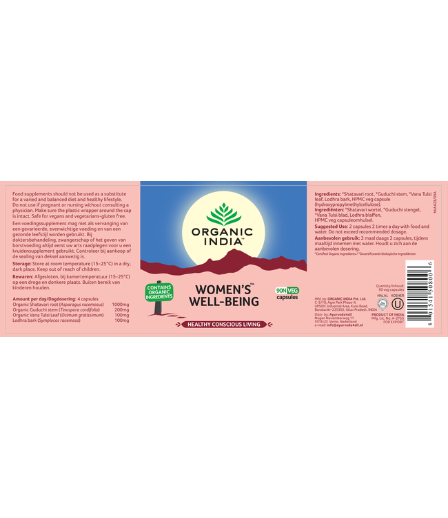 Organic India Best Before: 7-3-2026 - Women's Well-Being, supplement,  biologisch, 90 vegan capsules Shatavari, Guduchi, Vana Tulsi en Lodhra