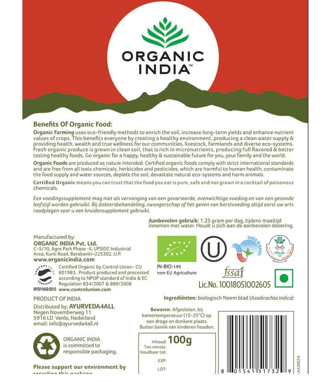 Organic India Best before: 13-10-2026 Neem poeder 100g, Biologisch