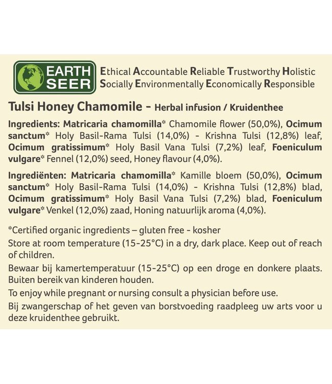 Organic India Best before:8-12-2026 Tulsi Honey Chamomile, thee, biologisch, 25 zakjes