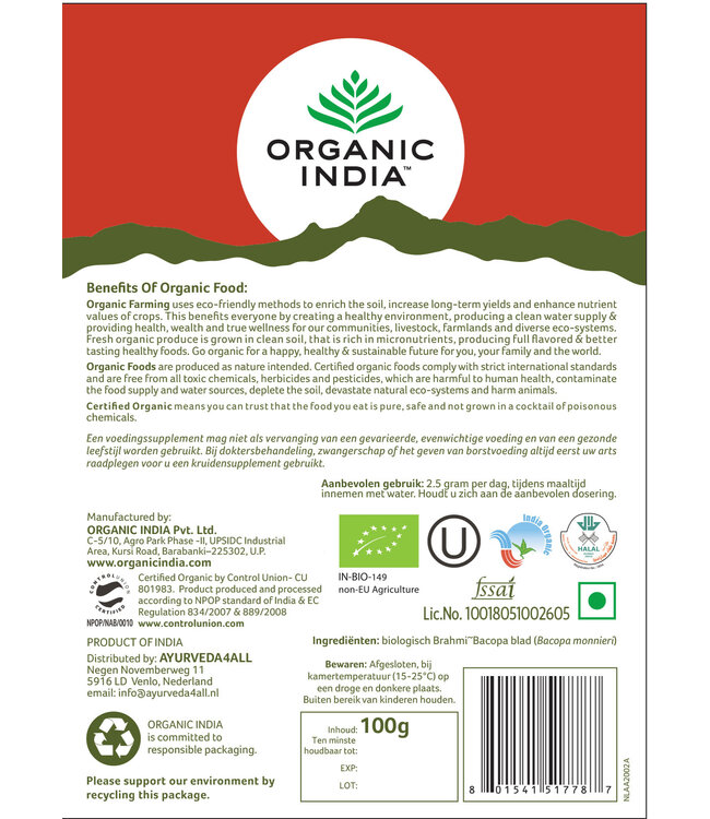 Organic India Best before:13-10-2026 Brahmi~Bacopa poeder 100g, biologisch