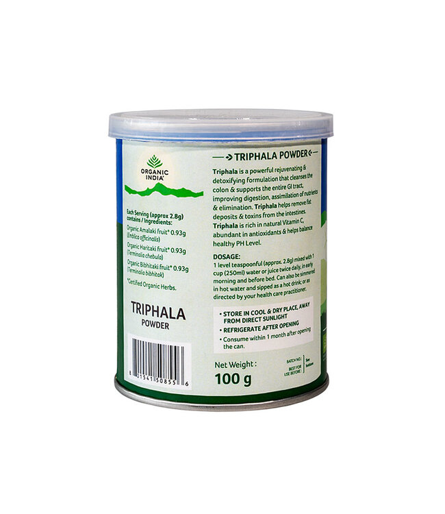 Organic India Best before:13-10-2026 Triphala powder 100g can, biologisch