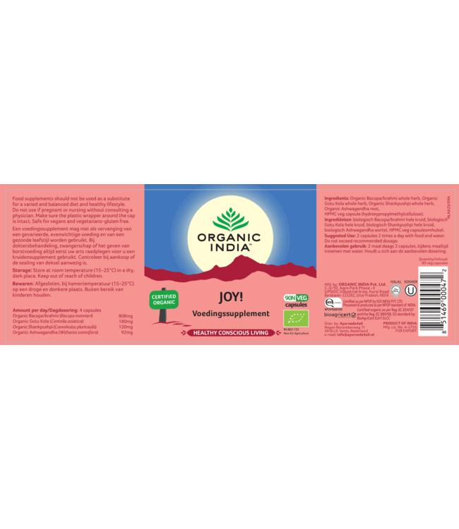 Organic India Best before:16-10-2026 Joy supplement, biologisch, 90 vegan capsules