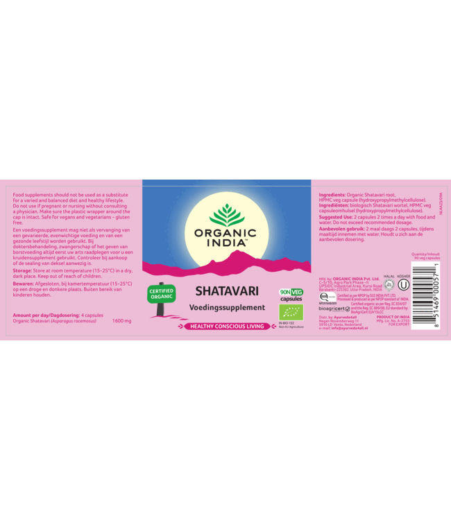 Organic India THT 14-10-2026 Shatavari supplement, biologisch, 90 vegan capsules