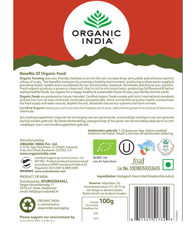 Organic India THT 13-10-2026 Neem poeder 100g, Biologisch