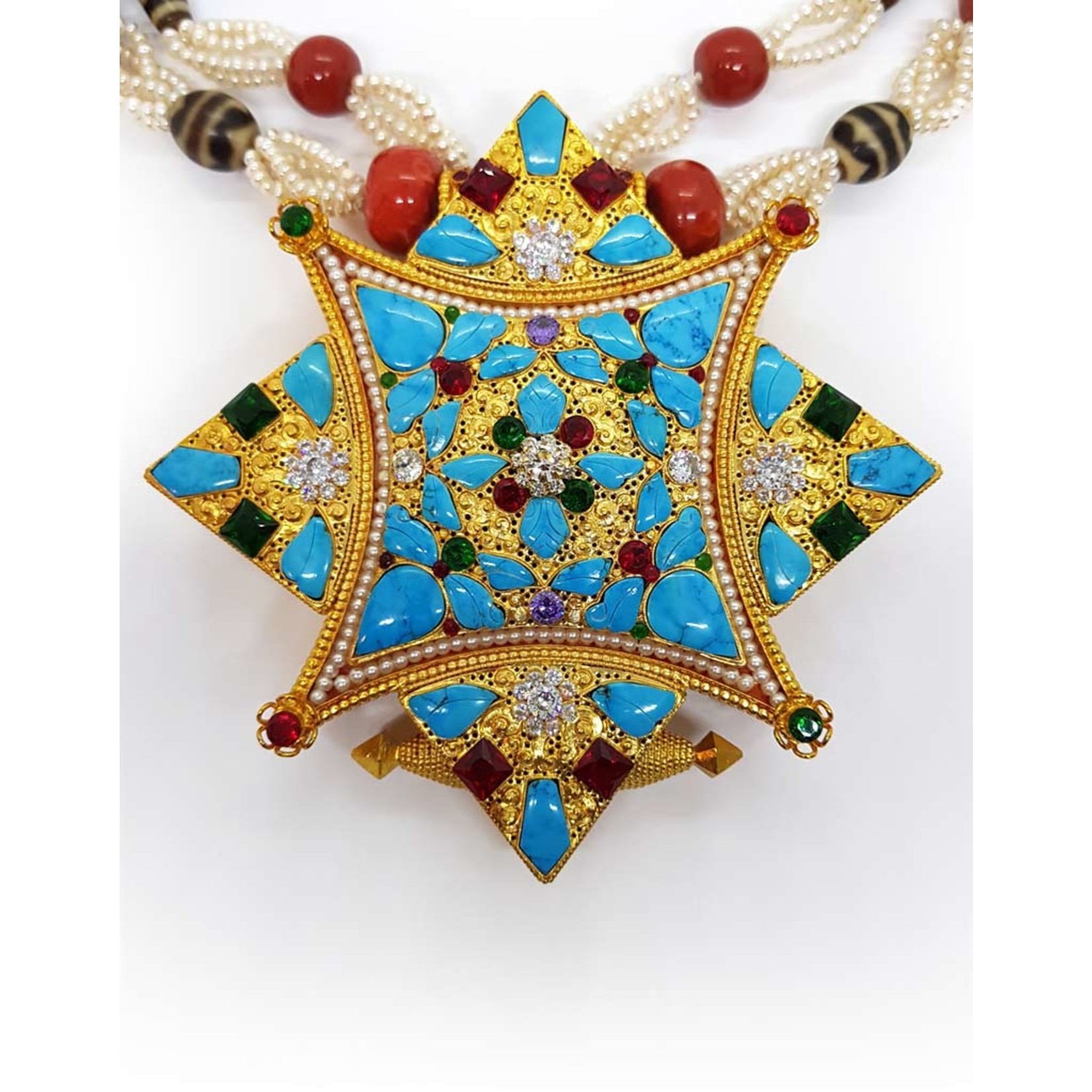 Tibetischer Schmuck Halskette Gau mit Dzis, Korallen und Perlen