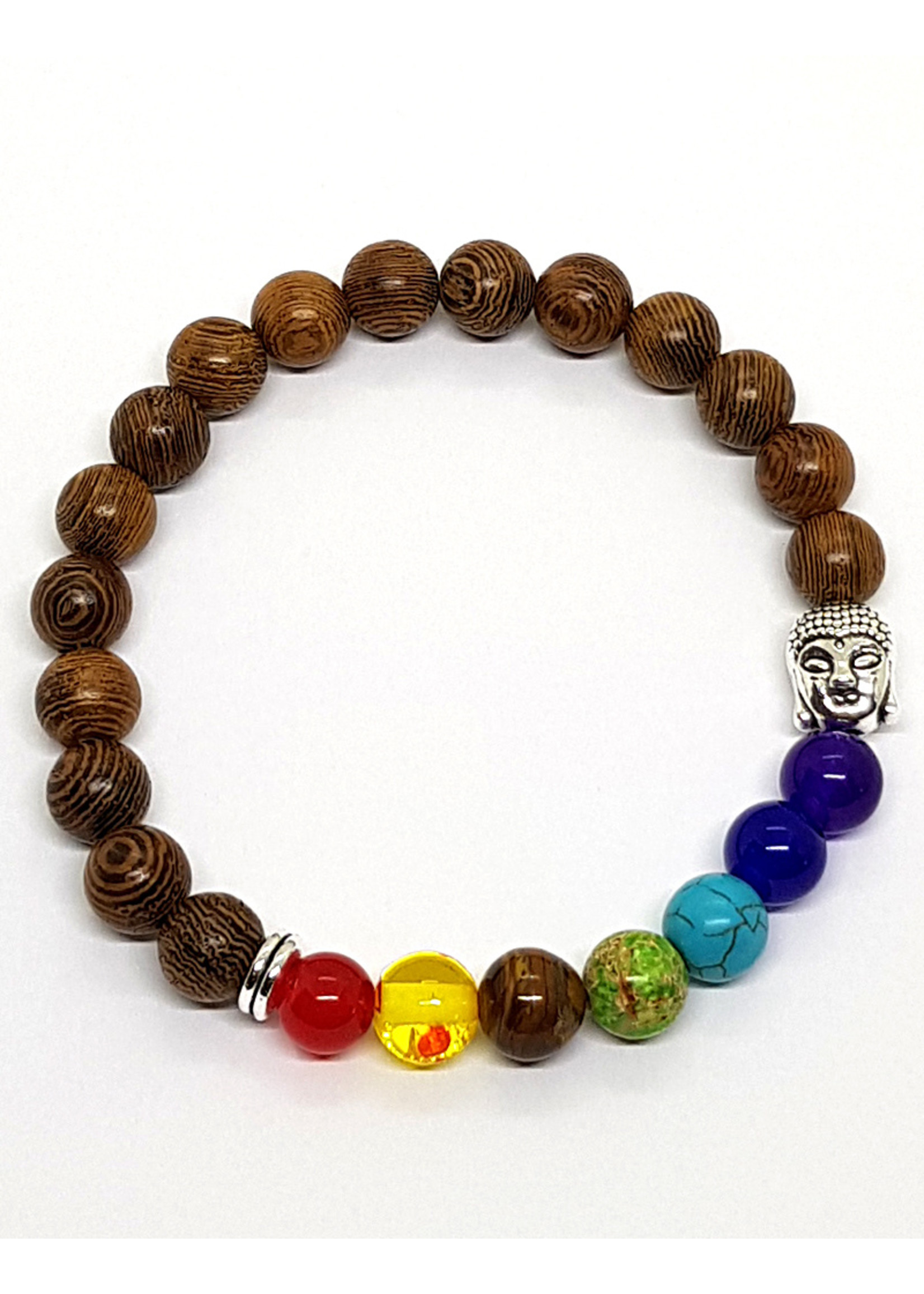 Bracciale in legno con 7 chakra e Buddha, marrone