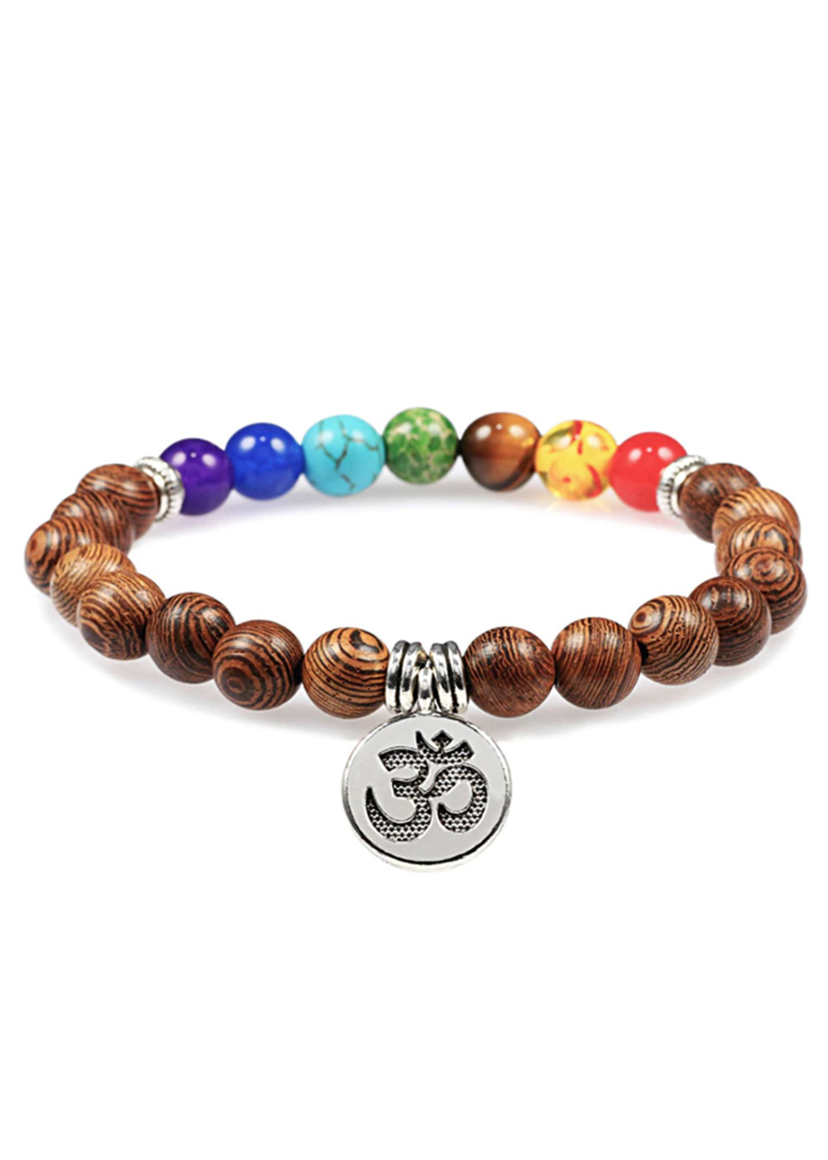 Bracciale di legno con 7 chakra e om, marrone