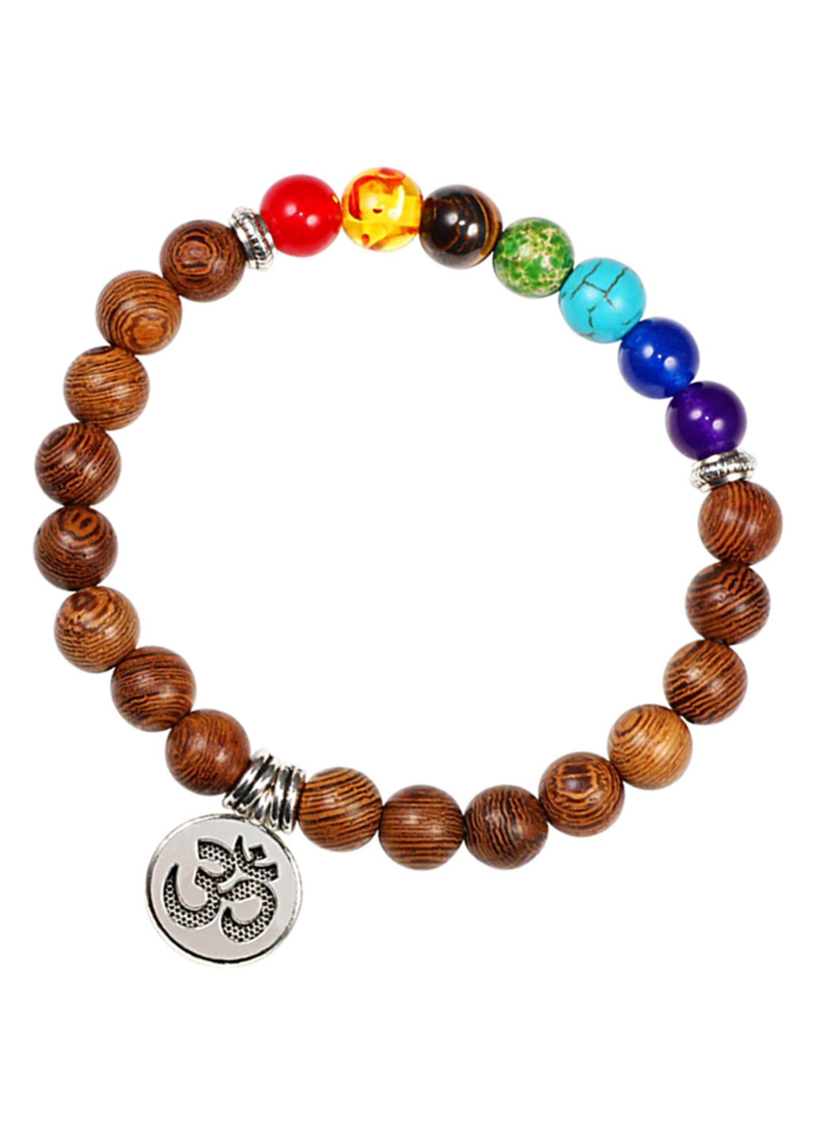 Bracciale di legno con 7 chakra e om, marrone