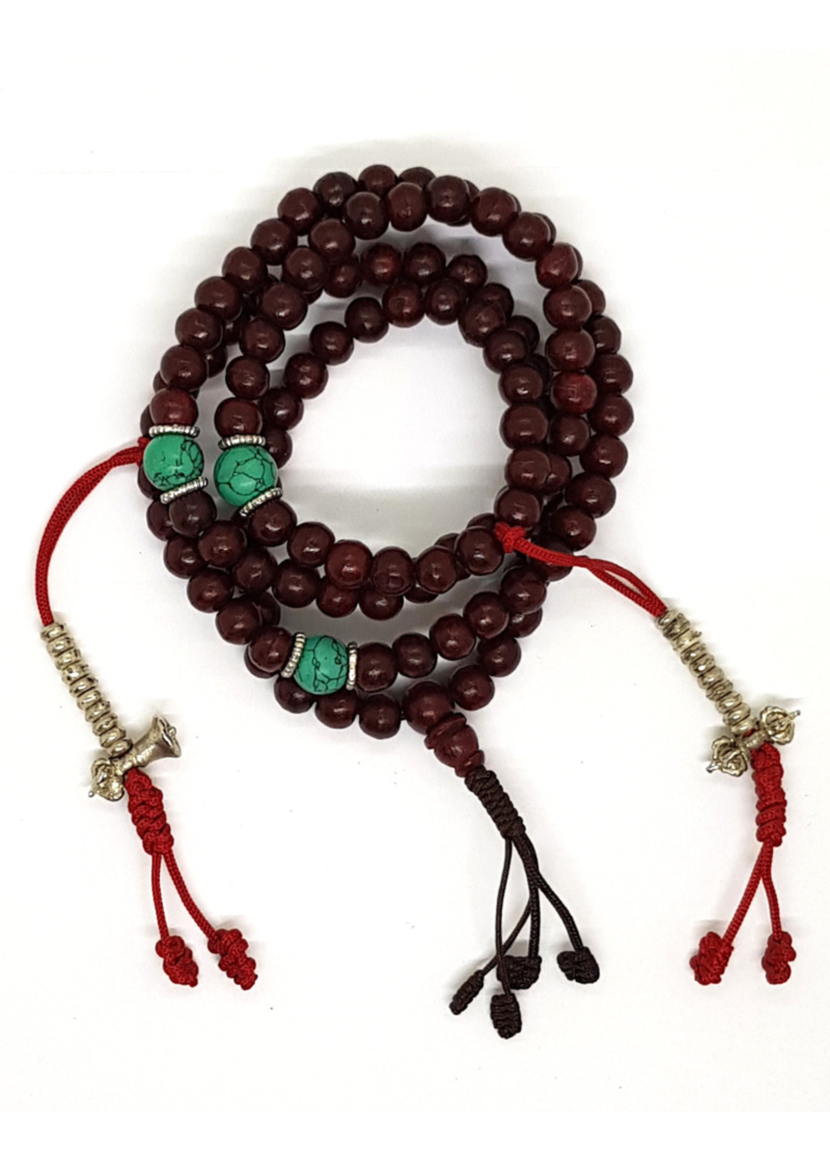 Mala Perles de prière tibétaines en bois de rose avec compteur en métal et perles de marquage