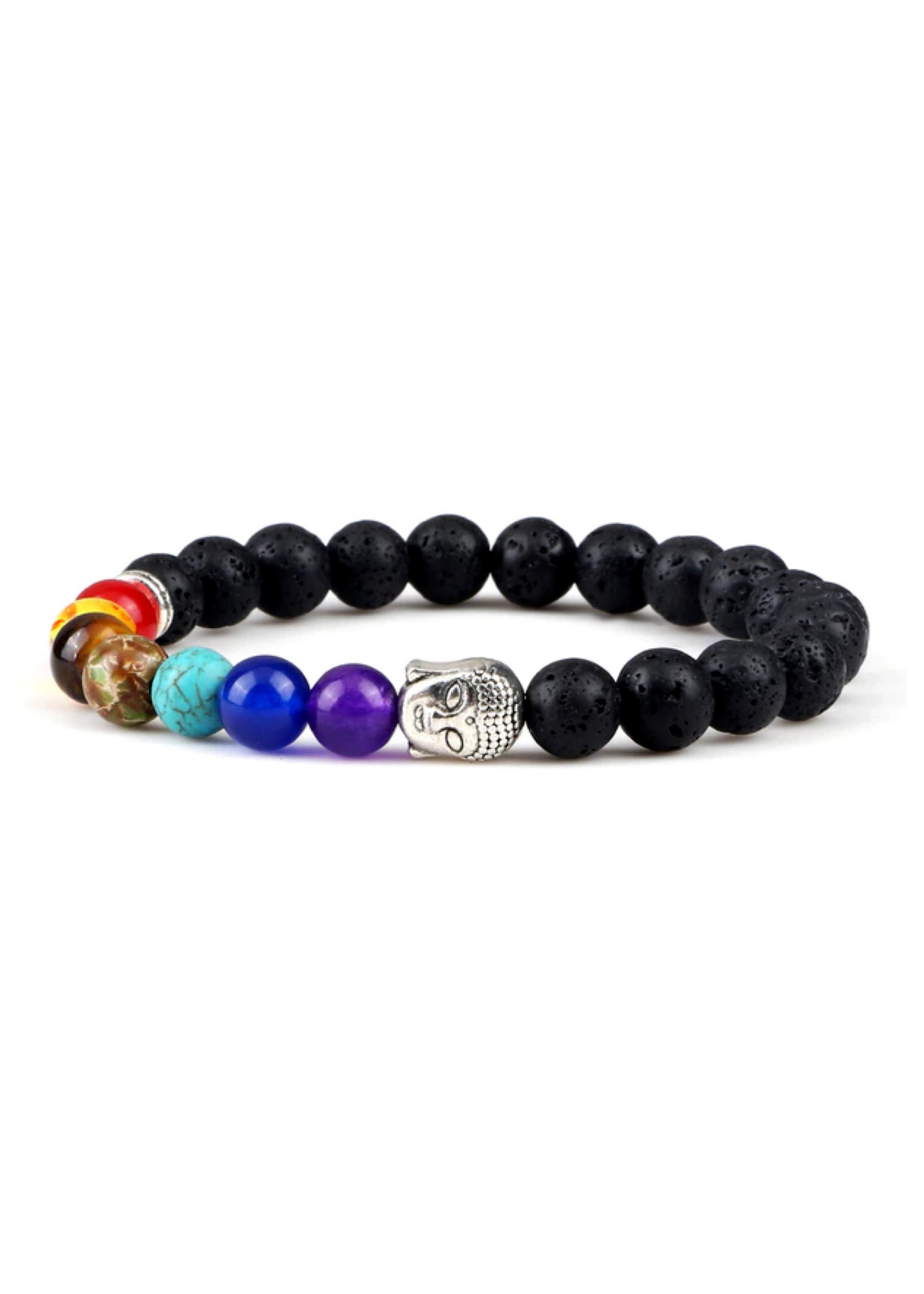 Lava Stone Bracelet With Buddha and 7 Chakras, Stretchable