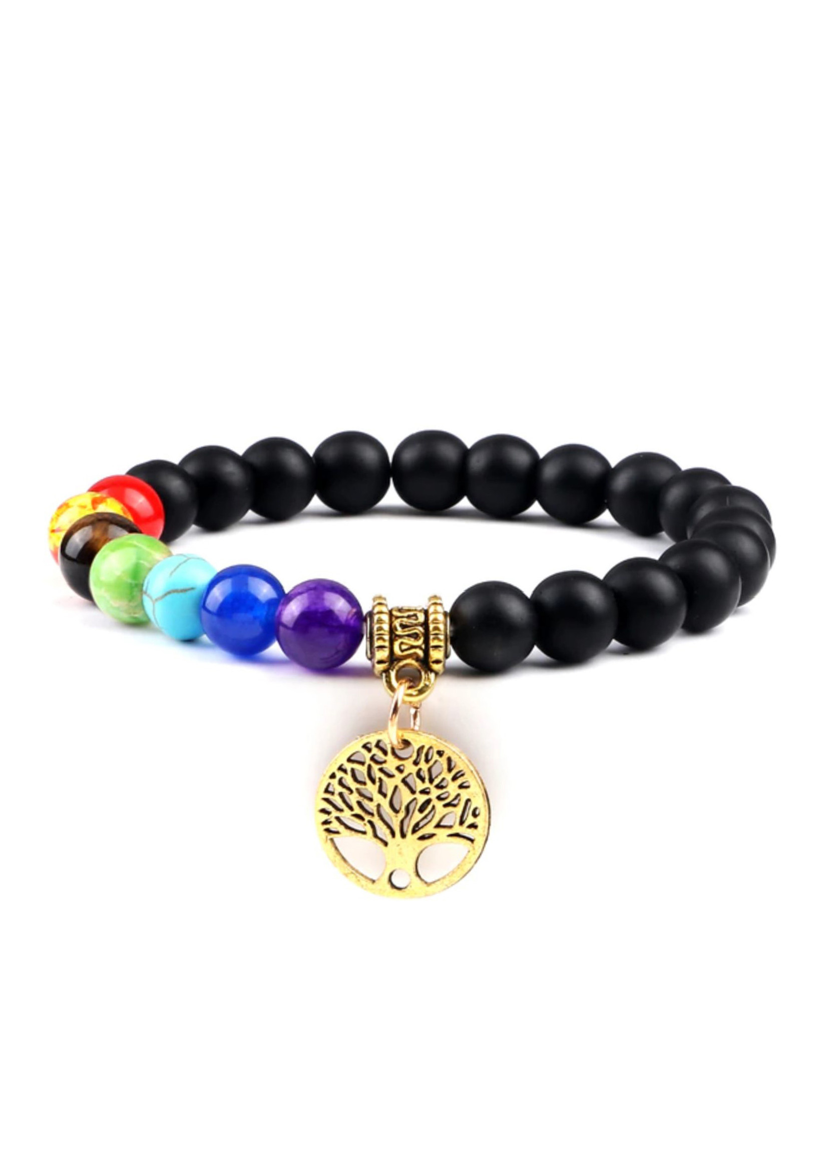 Armband aus Onyxperlen mit 7 Chakras und Baum, dehnbar