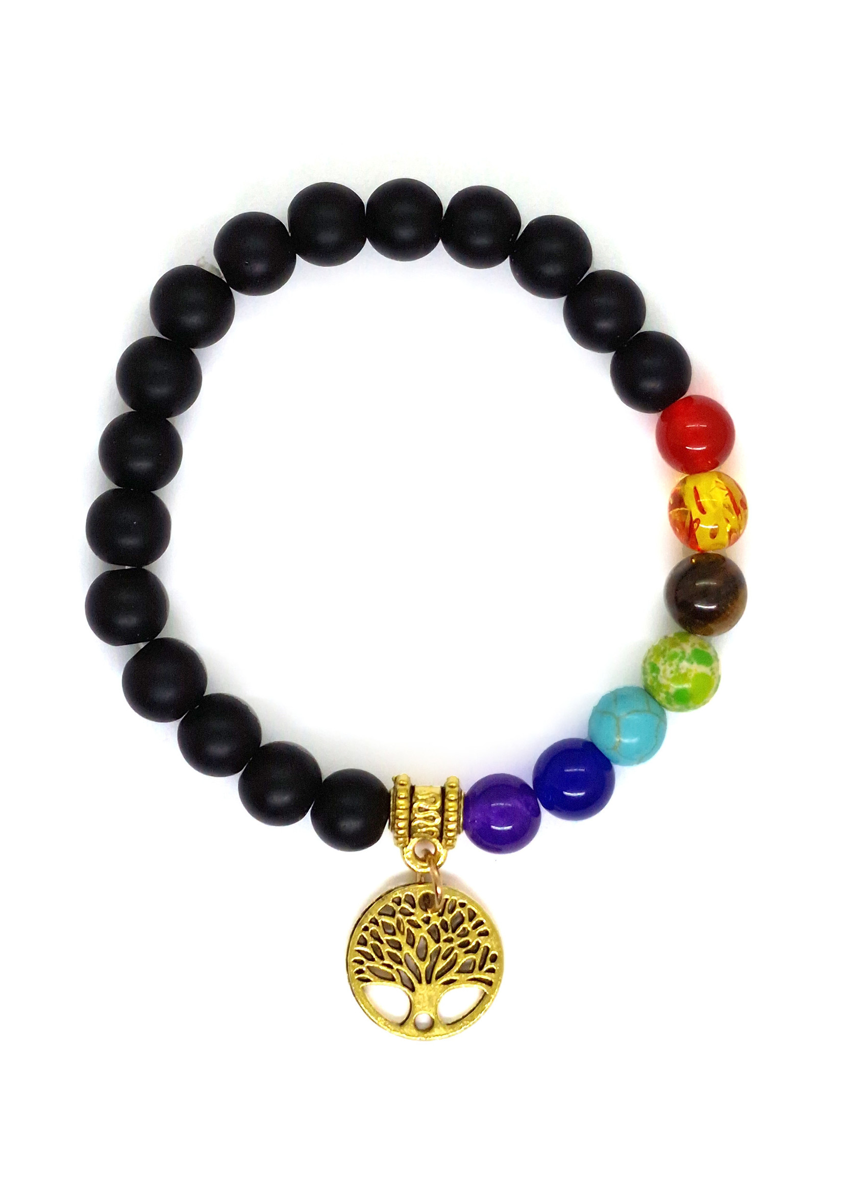 Bracciale di perle di onice con 7 chakra e albero, estensibile