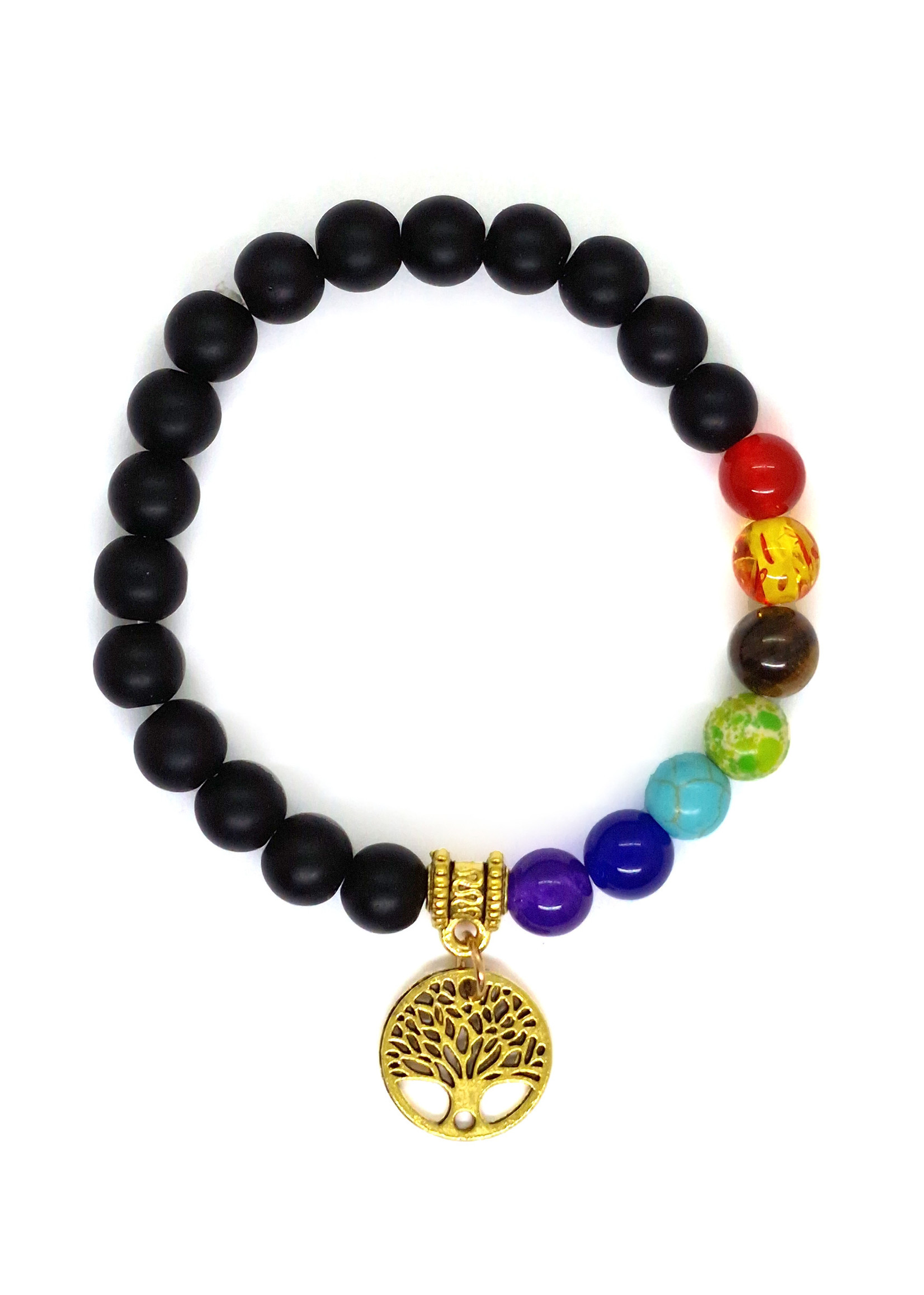 Onyx Bead Bracelet with 7 Chakras and Tree, Stretchable