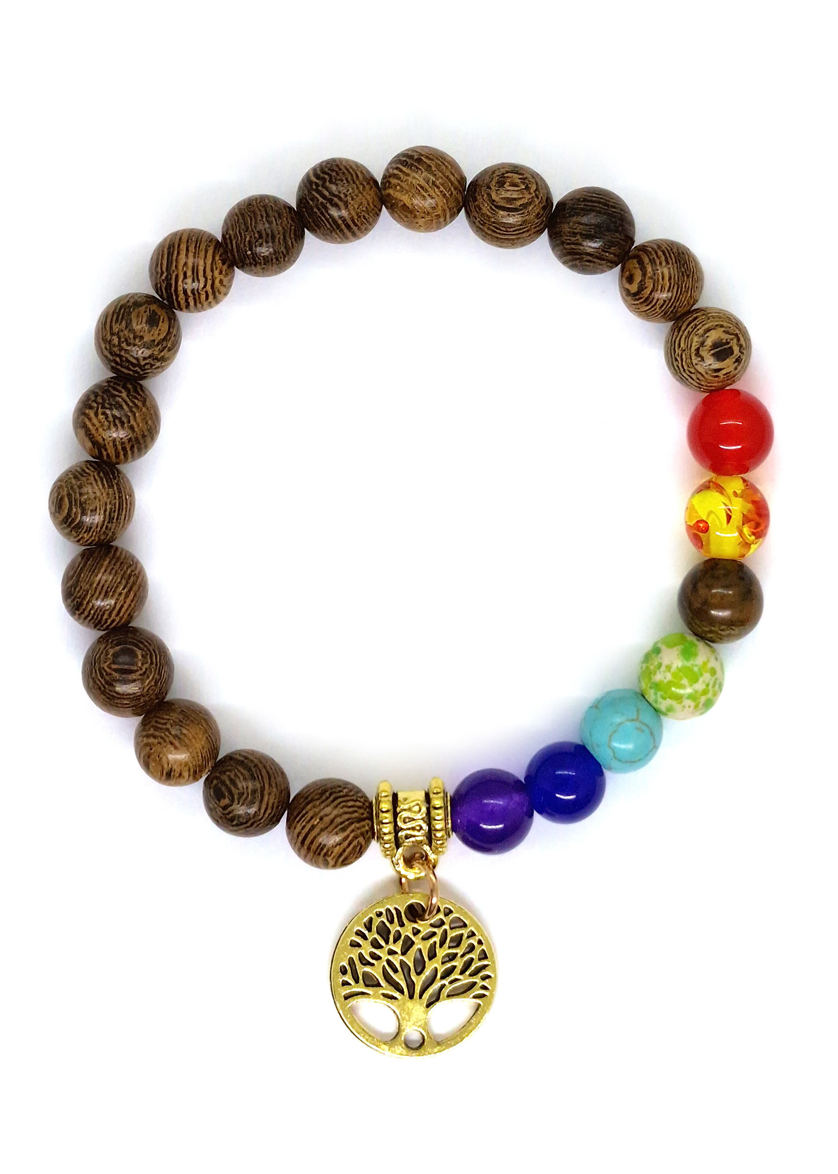 Wooden Bracelet with 7 Chakras and Tree, Stretchable