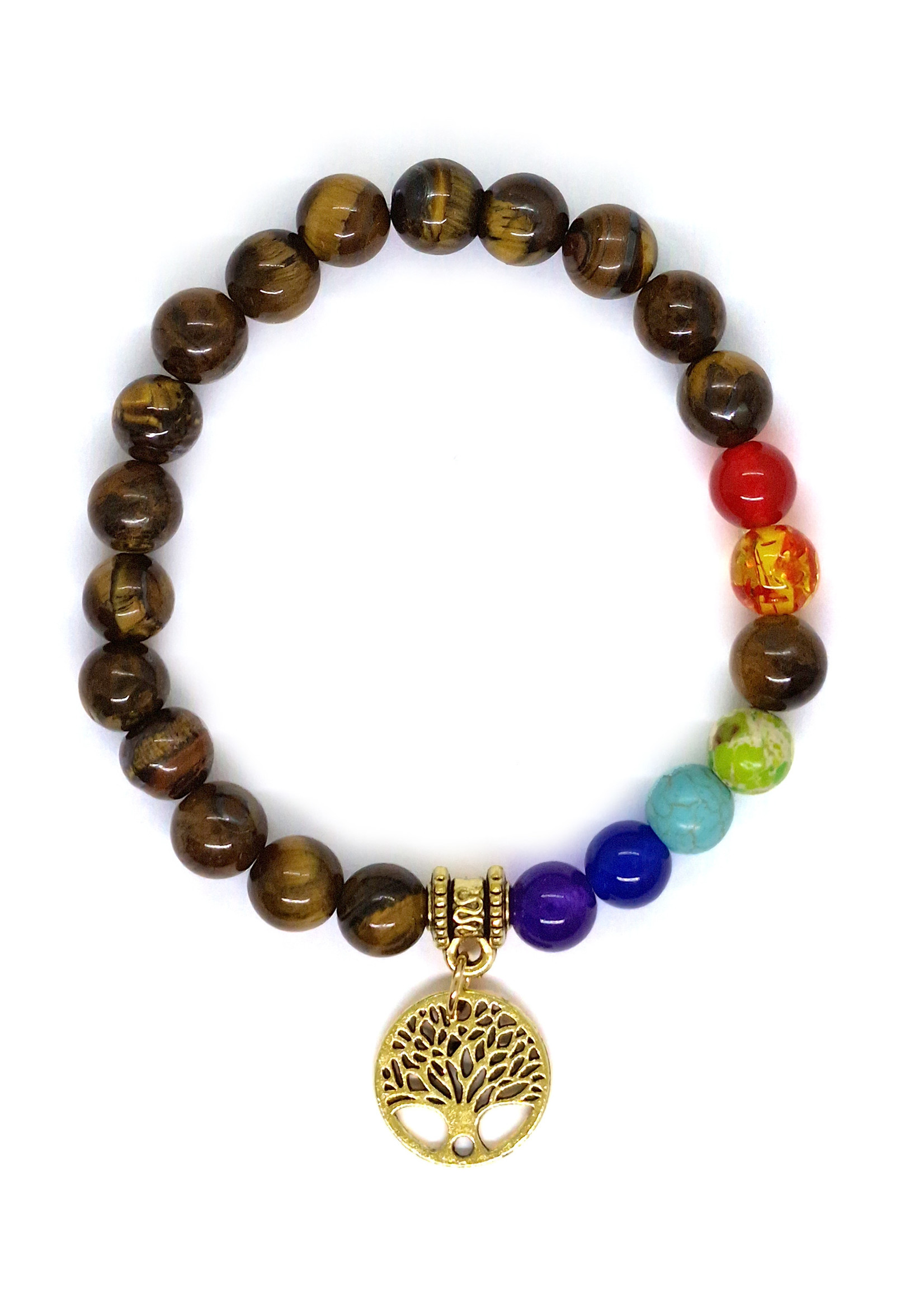 Bracelet d'oeil de tigre avec 7 chakras et arbre, extensible